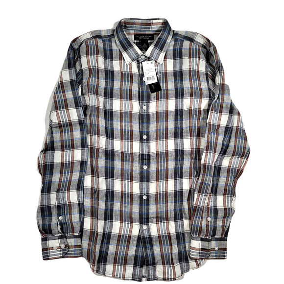 The Mens Store Grey Blue Plaid Woven Linen Shirt Mens Medium - Picture 1 of 4